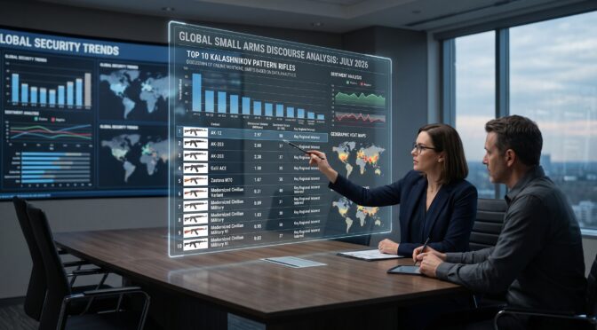 Analysts review holographic display of global security trends and Kalashnikov discourse analysis.