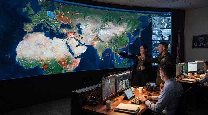 Military personnel analyze a global threat map in a command center.