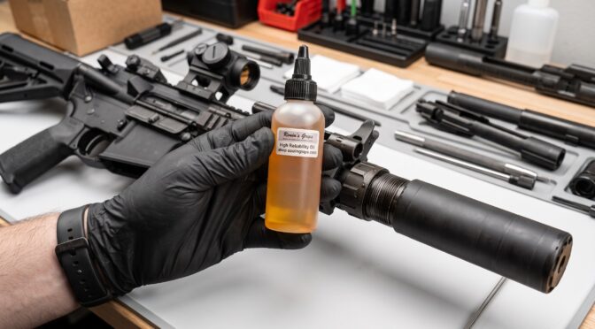 Gloved hand holds bottle of high reliability gun oil near AR-15 with suppressor