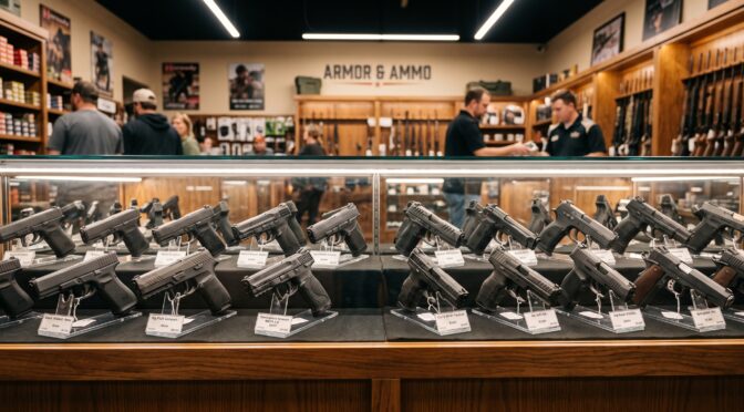 Guns displayed in a glass case at an armor and ammo store.