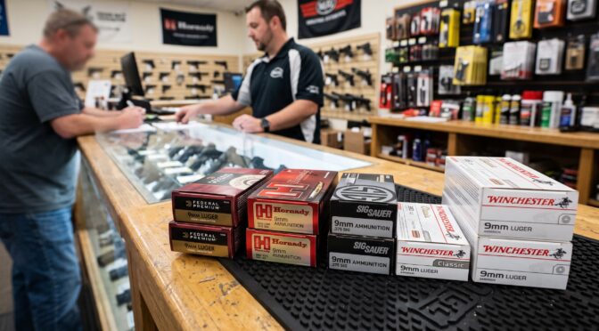 Customers browse ammunition boxes, including Federal, Hornady, and Sig Sauer 9mm, at a gun store.