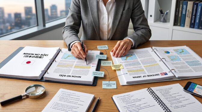 Person in suit analyzing documents on "Nihon no Boe" (Japan Defense) and "Defense of Japan" reports.