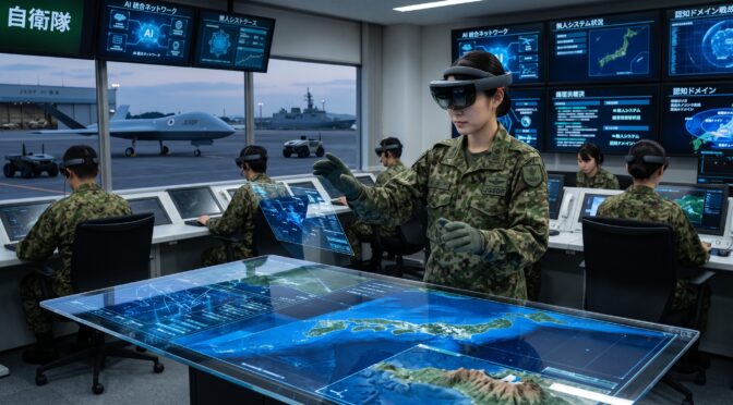 Japanese soldiers use AR to view a holographic map of Japan in a command center.