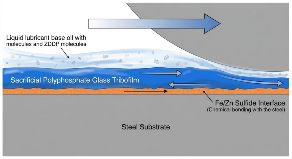 Lubricant tribofilm formation on steel substrate with ZDDP molecules.