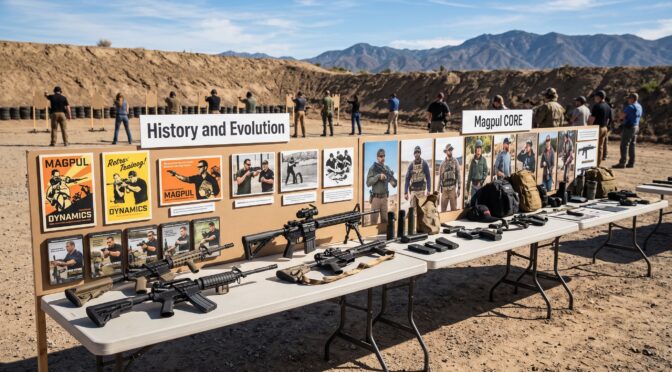 Magpul CORE training display with firearms, gear, and posters at a shooting range.