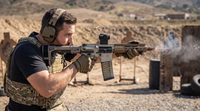 Man in ear protection firing an AR-15 rifle at an outdoor shooting range.