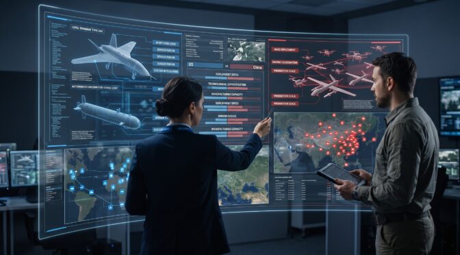 Military analysts review global drone and submarine deployment data on a futuristic touchscreen.