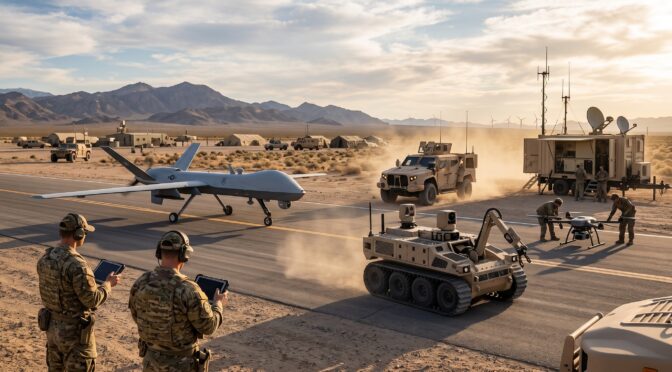 Military personnel operate advanced drones and a reconnaissance aircraft in a desert setting.