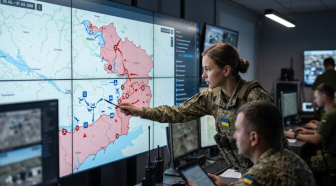 Military personnel analyze a large map displaying troop movements and strategic locations.