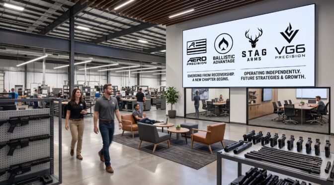 Aero Precision, Ballistic Advantage, and Stag Arms logos displayed on a large screen in a modern facility.
