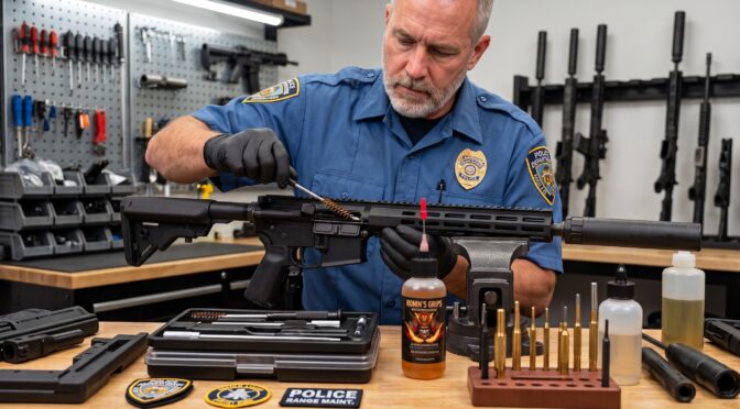 Police officer cleans rifle with brush and oil in gun range setting.