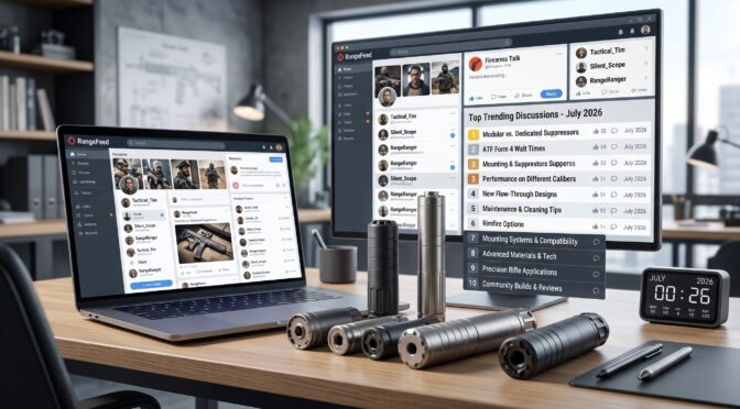 RangeFeed app on laptop and desktop showing firearm discussions and silencer accessories.