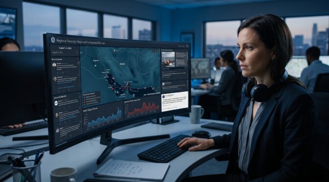 Woman monitors regional security data on a large curved monitor in a dark office.