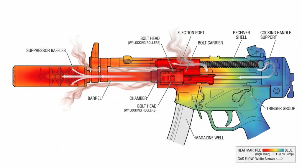Heat map of a rifle showing gas flow and temperature distribution, with labeled parts.