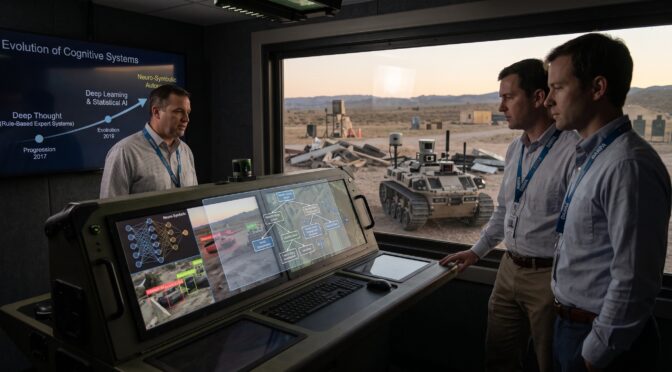 Men observe a robotic vehicle and cognitive systems display in a control room.
