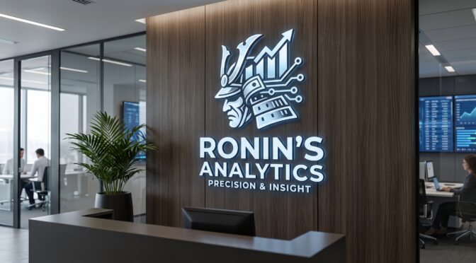 Ronin's Analytics logo with samurai helmet and data charts in a modern office.
