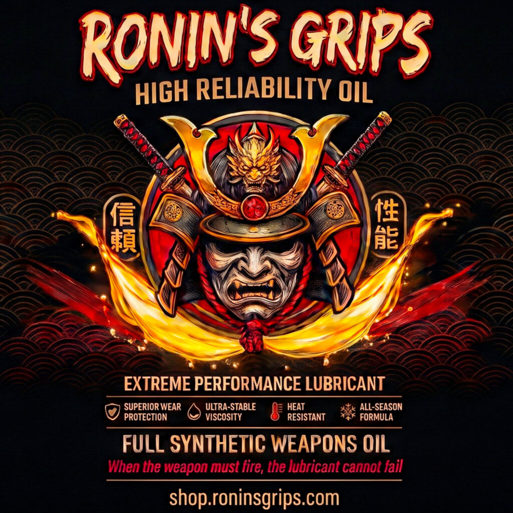 Ronin's Grips High Reliability Oil: Samurai helmet, swords, and flames. Extreme performance synthetic weapons oil.