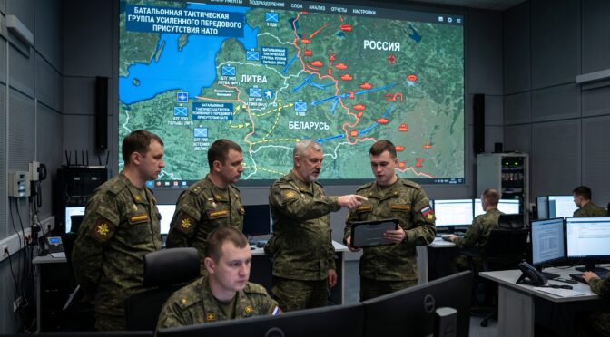 Russian military officers review a tactical map showing troop movements in Eastern Europe.