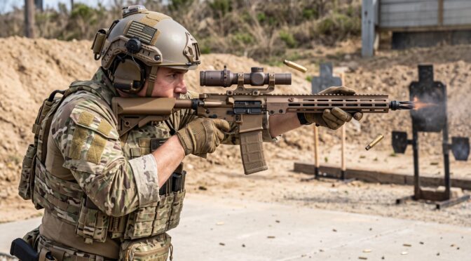 Soldier firing a rifle at an outdoor shooting range, ejecting shell casings.