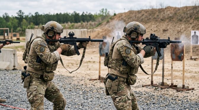Two soldiers in tactical gear practice shooting at a target range.