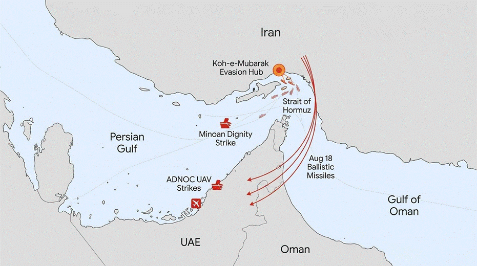 Map showing Strait of Hormuz, Persian Gulf, and Gulf of Oman with military strike locations.