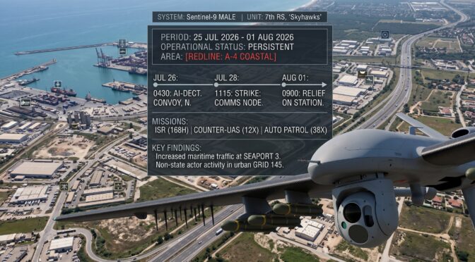 Surveillance drone with weapons over a coastal city and port, showing mission data.
