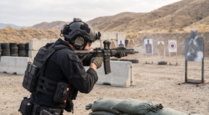 Man in tactical gear fires an AR-15 rifle at a shooting range, with spent casing visible.