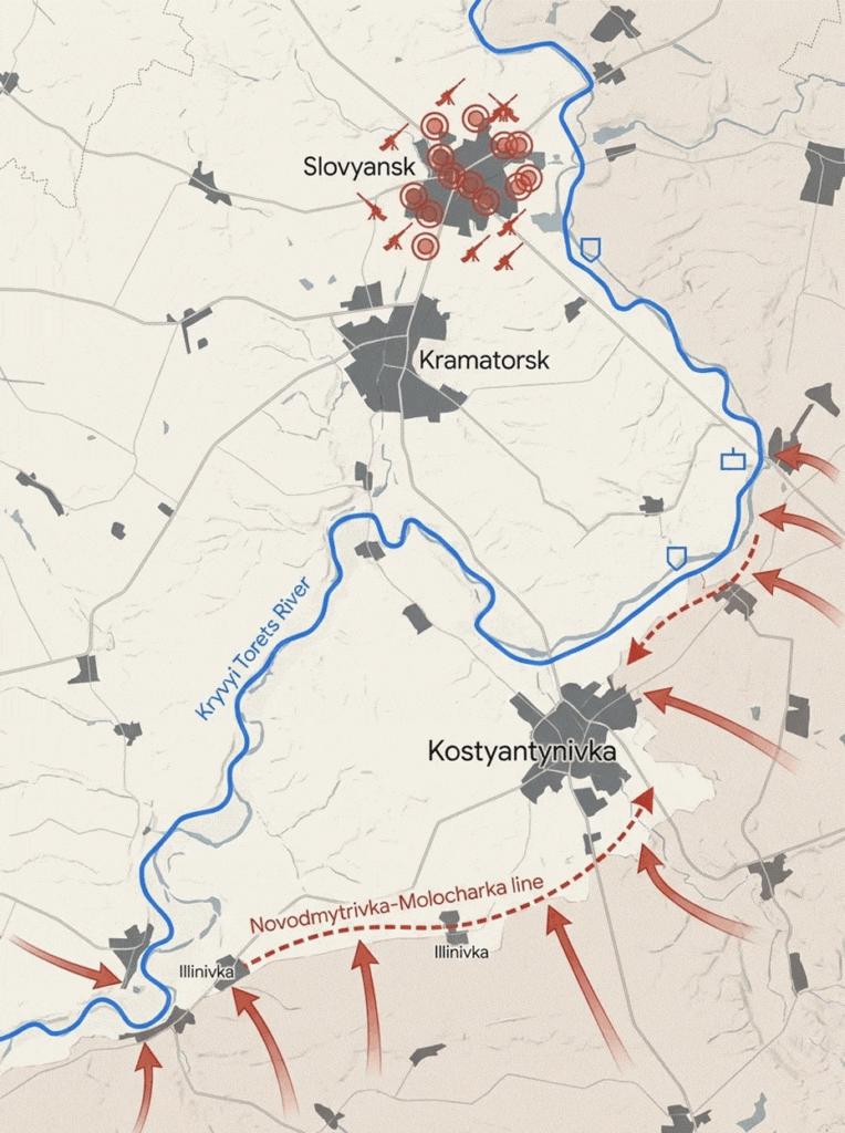 Map showing military advances and fighting around Sloviansk, Kramatorsk, and Kostyantynivka in Ukraine.