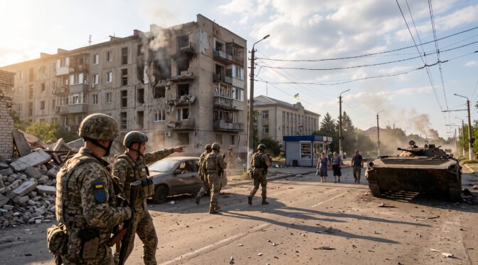 Ukrainian soldiers walk past a destroyed building and a tank in a war-torn city.