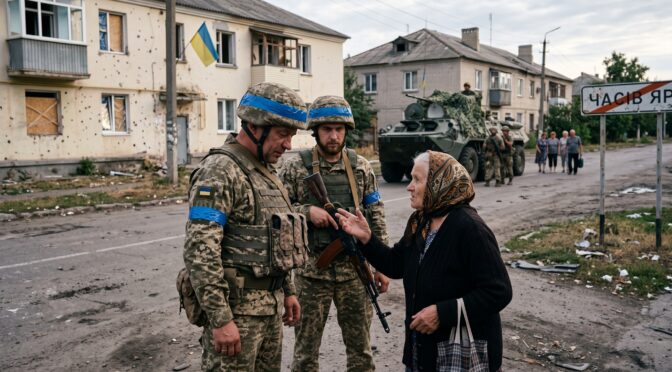 Ukrainian soldiers speak with an elderly woman on a damaged street, with a military vehicle in the background.
