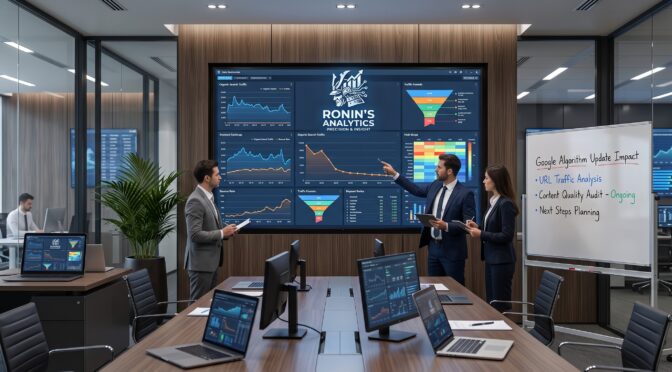 Ronin's Analytics presentation with charts and graphs on a large screen.