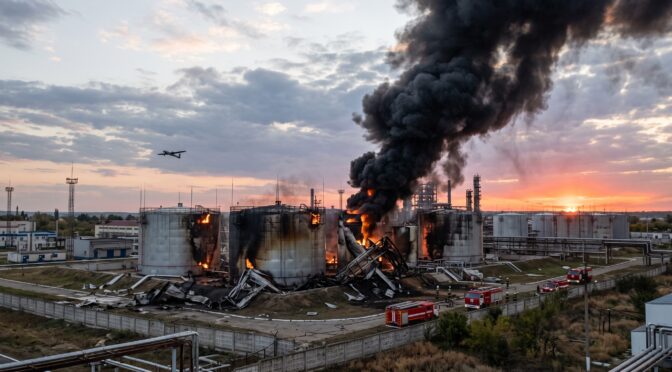 Burning fuel tanks with dark smoke plume at sunset, fire trucks on scene.