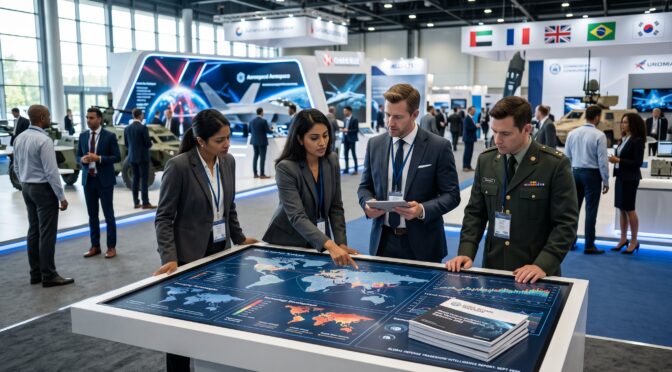 Business professionals analyze global data on an interactive display at a defense trade show.