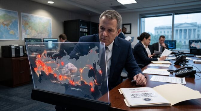 Man points to holographic map showing global systemic vulnerability clusters.