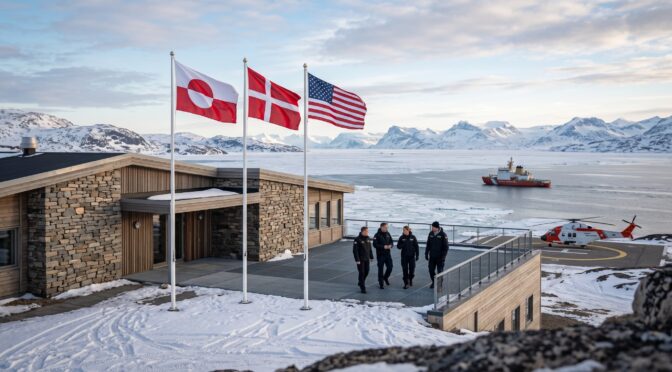 Danish and US flags fly near Greenlandic research station with ship and helicopter.