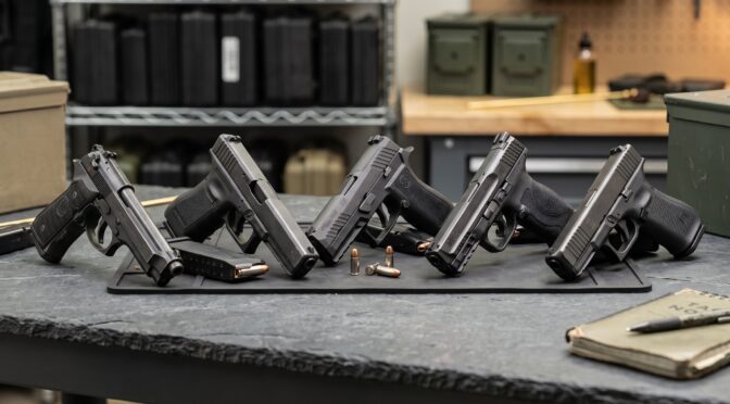 Five handguns and ammunition displayed on a dark surface with storage in the background.