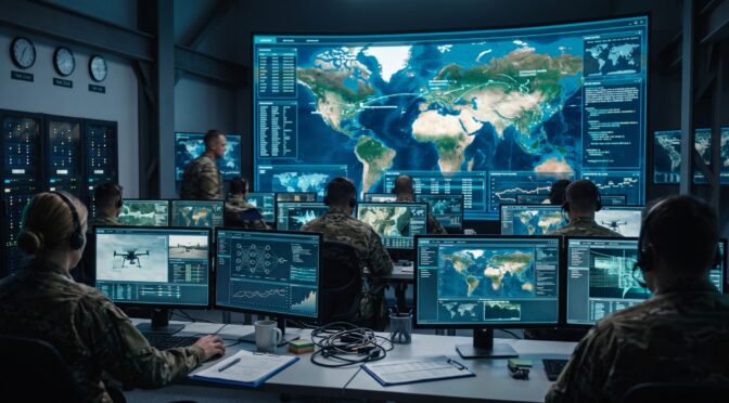 Military personnel in a command center monitor a large world map display and multiple computer screens.