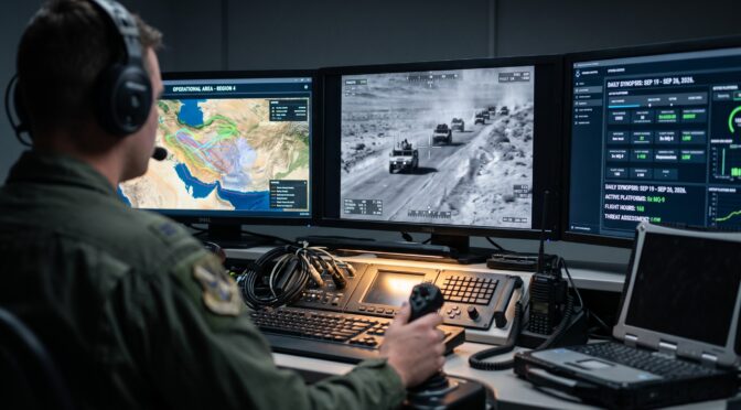 Military operator monitors drone feed showing convoy on screen.