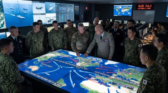 Military leaders analyze global strategy map with troop movements and sea lanes.