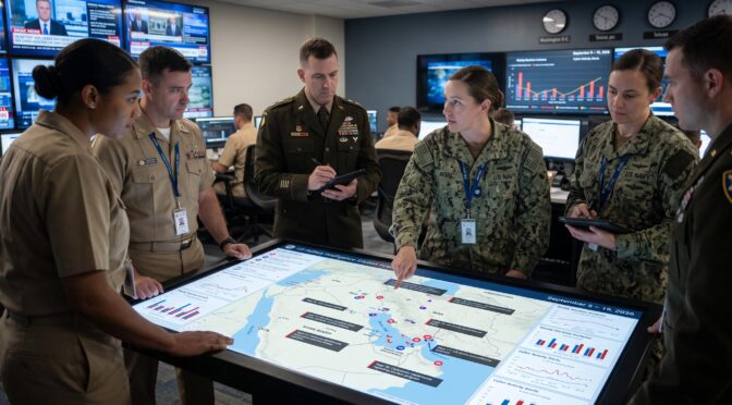 Military intelligence analysts review a digital map displaying global cyber activity and threats.