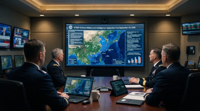Military officers analyze SITREP Chinese military and intelligence data on a large curved screen.