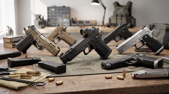 Collection of modern handguns and accessories on a wooden surface.
