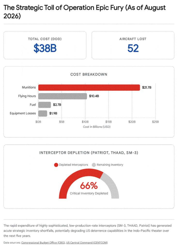 Operation Epic Fury costs $38B, lost 52 aircraft, and depleted 66% of critical interceptors.