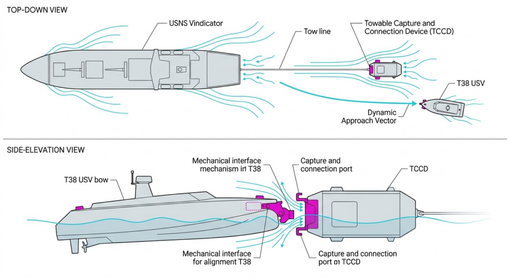 USNS Vindicator tows T38 USV with towable capture and connection device (TCCD).