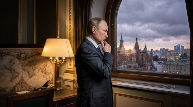 Vladimir Putin looks out a window at Moscow cityscape
