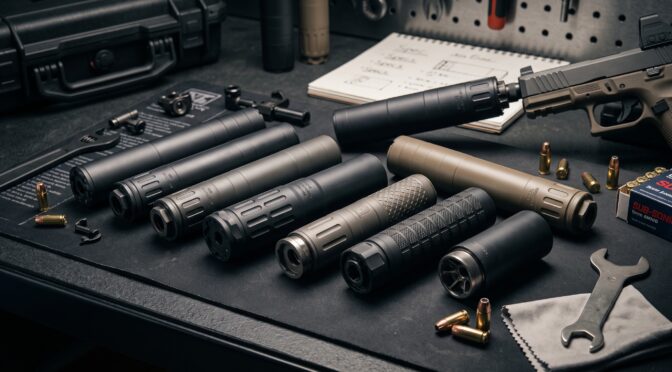 Various firearm suppressors and a handgun on a workbench.