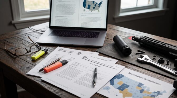 NFA paperwork, laptop, and firearm components on a desk