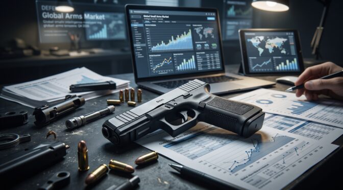 Pistol and ammunition on desk with financial charts and graphs on screens